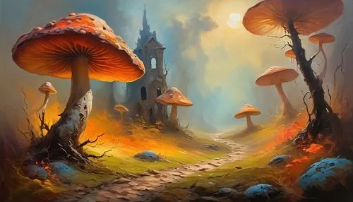 mushroom landscape,mushroom island,fantasy landscape,forest mushrooms,toadstools,mushrooms,forest mushroom,fairy forest,brown mushrooms,cartoon forest,fantasy picture,toadstool,fairy village,fairytale forest,fungi,mushroom type,fairy world,world digital painting,tree mushroom,elven forest,Conceptual Art,Oil color,Oil Color 22