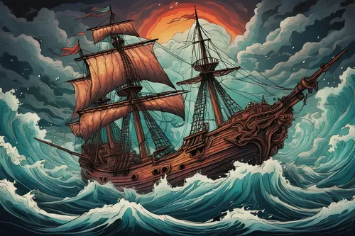 sea sailing ship,maelstrom,galleon ship,sailing ship,sail ship,galleon,caravel,full-rigged ship,pirate ship,sea fantasy,tallship,sailing ships,scarlet sail,barquentine,shipwreck,three masted sailing ship,east indiaman,inflation of sail,sea storm,sloop-of-war,Illustration,Paper based,Paper Based 26