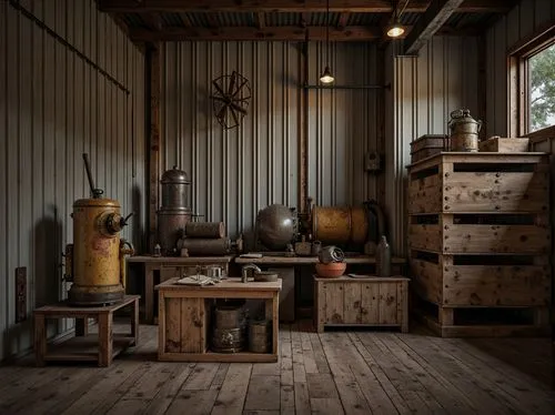 Rustic industrial setting, corrugated metal walls, weathered steel surfaces, distressed finishes, exposed fasteners, worn wooden crates, vintage machinery parts, earthy tone color palette, warm soft l