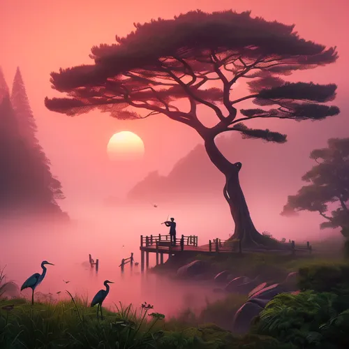 bird kingdom,fantasy landscape,bird bird kingdom,tropical birds,fantasy picture,bird island,japan landscape,monkey island,landscape background,an island far away landscape,world digital painting,cartoon video game background,the japanese tree,perched birds,beautiful landscape,lone tree,dragon tree,mushroom landscape,evening atmosphere,nature landscape