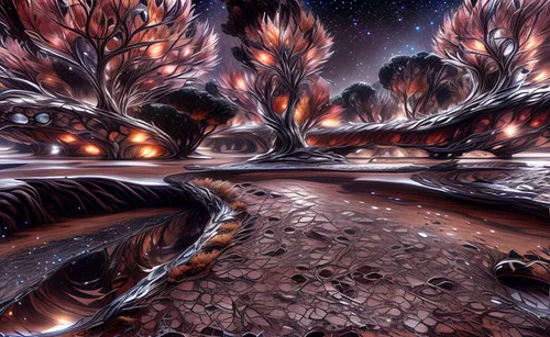 lava river,alien world,fantasy landscape,futuristic landscape,alien planet,crooked forest,mushroom landscape,virtual landscape,chestnut forest,lunar landscape,volcanic landscape,tree grove,volcanic field,salt meadow landscape,fractal environment,valley of the moon,mandelbulb,scorched earth,fallen giants valley,dead vlei