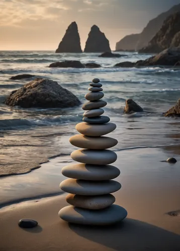 Amidst the quiet solitude of a deserted beach, a solitary figure constructs intricate stacks of rocks as an act of meditation.,rock stacking,stacking stones,stacked rocks,balanced pebbles,stack of sto