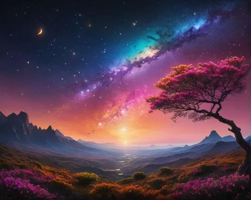 fairy galaxy,colorful stars,purple landscape,colorful star scatters,fantasy picture,fantasy landscape,unicorn background,colorful tree of life,colorful background,rainbow and stars,background colorful,galaxy,landscape background,alien world,dreamscape,alien planet,nature background,starscape,astronomy,space art,Photography,General,Natural