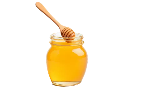 Golden honey, glass jar, transparent background, rounded edges, smooth texture, drips on side, wooden spoon, natural light, warm color tone, shallow depth of field, 3/4 composition, soft focus, ambien