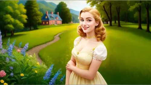 Romantic masterpiece oil painting, cute girl portrait, nostalgic 1950's style kitsch, rolling hills landscape, lush forest scenery, by Thomas Kinkade, by Bob Ross,avonlea,evanna,nessarose,ooty,fairyla