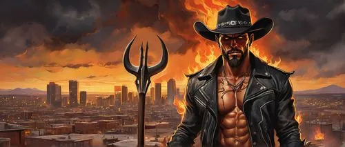 guy fawkes,city in flames,gunfighter,wild west,apocalyptic,hot metal,burning man,western,cowboy bone,erbore,undertaker,cowboy,fire background,reaper,dodge warlock,calamity,burned land,scorched earth,fire land,preacher,Illustration,Abstract Fantasy,Abstract Fantasy 23