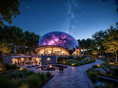 Celestial-inspired planetarium building, futuristic dome structure, galaxy-patterned flooring, starry night sky projections, lush greenery, native plants, meandering pathways, natural stone walls, wat