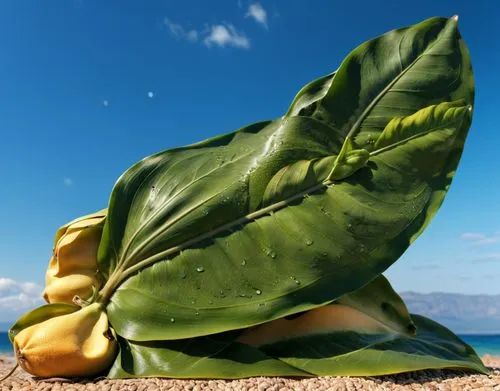 a green leaf with some flowers and the beach,poblano,giant leaf,bigleaf,zongzi,fig leaf,mammoth leaf,Photography,General,Realistic