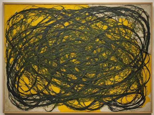 Create funny troll pictures with a mischievous mood.,cordage,twine,wire entanglement,yellow onion,cellophane noodles,klaus rinke's time field,tangle,tendrils,basket fibers,kelp,fibers,yellow mustard,t