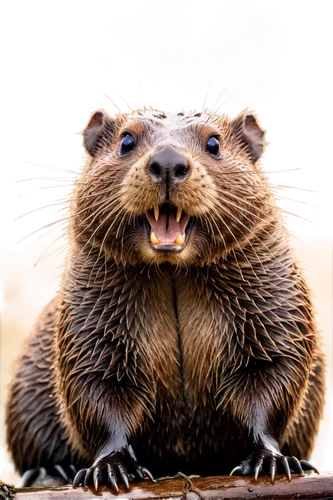 Beaver, free, wild, wet fur, brown eyes, sharp teeth, flat tail, semi-aquatic, natural habitat, morning mist, soft sunlight, 3/4 composition, shallow depth of field, warm color tone, cinematic lightin