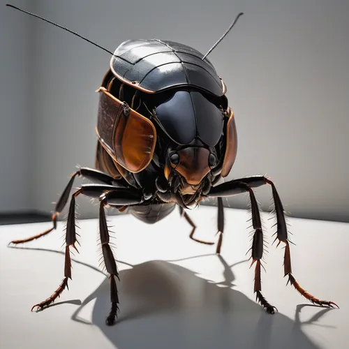 Create a thrilling scenario where a spy infiltrates a high-security facility disguised as a cockroach using a high-tech costume.,carpenter ant,lucanus cervus,black ant,japanese rhinoceros beetle,rhino