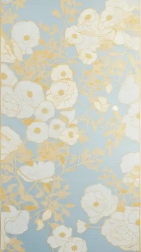 a wallpaper design of flowers,a white and yellow floral pattern with many leaves,kimono fabric,flower fabric,floral pattern paper,fromental,oilcloth,flowers fabric,blossom gold foil,yellow wallpaper,f