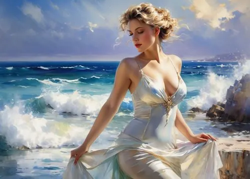 the sea maid,sea breeze,italian painter,oil painting,art painting,romantic portrait,by the sea,fineart,sea landscape,the wind from the sea,sea-shore,marylin monroe,oil painting on canvas,fantasy art,carol m highsmith,aphrodite,seascape,photo painting,evening dress,gracefulness,Photography,General,Realistic