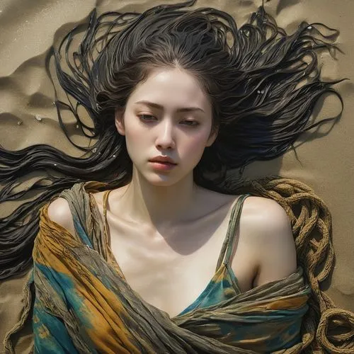 jingna,hoshihananomia,girl lying on the grass,yifei,diwata,girl on the dune,Illustration,Realistic Fantasy,Realistic Fantasy 08