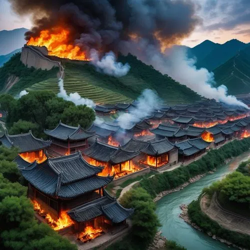 goryeo,fire in the mountains,goguryeo,wuyuan,taebaek,korean folk village,dongbuyeo,yongpyong,gyeong,south korea,hanhwa,maoyuan,burning house,namhong,gudeok,gungnyeo,huanglong,dragon fire,taechon,yonghe,Illustration,Realistic Fantasy,Realistic Fantasy 03