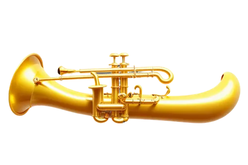 Brass instrument, golden horn, shiny surface, curved shape, three keys, mouthpiece, fingers pressing buttons, air blowing out, loud sound waves, dynamic movement, close-up shot, soft focus, warm light