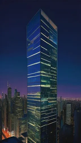 Modern futuristic skyscraper, sleek glass facade, metallic structure, angular lines, neon lights, cityscape, busy streets, towering high-rise buildings, bustling metropolis, night scene, dramatic ligh