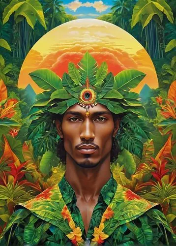 In the center of a vibrant orb of tropical rainforests, a man of pure beauty and elegance emerges from a surreal image, bringing his essence and realism to life. This kaleidoscope of elements transfor