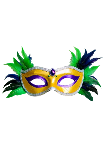 Mardi Gras mask, colorful feathers, glittering jewels, shiny sequins, purple and green hues, detailed eye holes, soft facial features, feminine, mysterious, solo, close-up, 3/4 composition, warm light