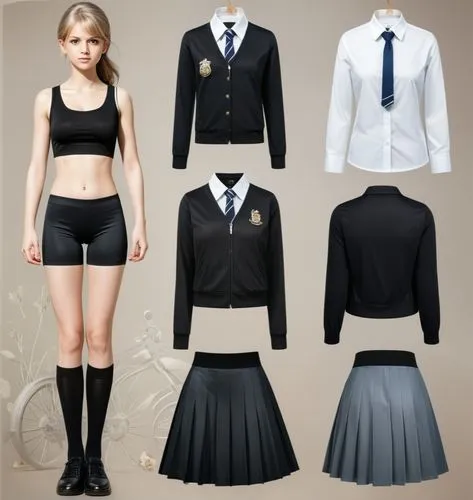 Paper doll British school girl in black sleeveless shirt ,black tight fit spandex shorts with black sock and shoe standing surrounded by with a set of british school uniform, shirt, grey pleated skirt