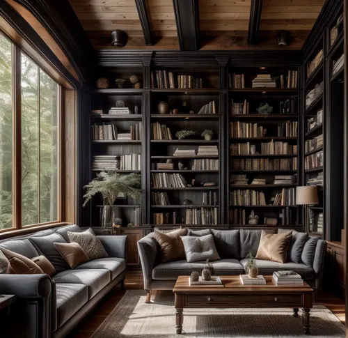 bookshelves,book wall,bookcase,bookshelf,reading room,shelving,wooden beams,living room,livingroom,sitting room,interior design,interiors,wooden windows,wooden shelf,loft,great room,scandinavian style,the cabin in the mountains,modern decor,shelves