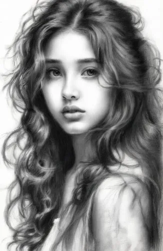 girl drawing,charcoal drawing,charcoal pencil,girl portrait,pencil drawings,young girl,Illustration,Black and White,Black and White 35