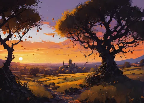 fantasy landscape,landscape,plains,high landscape,landscape background,yellow sky,rural landscape,autumn landscape,mushroom landscape,lavenders,hobbiton,purple landscape,druid grove,lavender field,meadow landscape,salt meadow landscape,landscapes,world digital painting,home landscape,small landscape,Conceptual Art,Sci-Fi,Sci-Fi 01