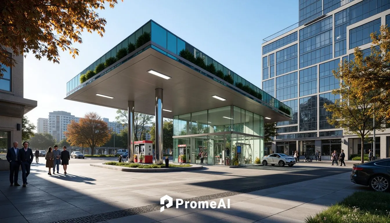 Modern gas station, sleek glass fa\u00e7ade, transparent walls, minimalist architecture, angular lines, steel beams, polished concrete floors, bright LED lighting, futuristic ambiance, urban cityscape