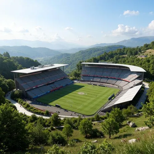 Panoramic stadium view, lush green landscape, rolling hills, natural stone seating areas, verdant vegetation, winding walkways, modern curved architecture, sleek glass fa\u00e7ades, cantilevered roofl