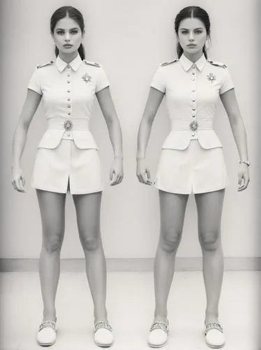 Black an white picture of Female Monegasque palace guards in their white summer outfits.,a woman that is wearing a shirt and short shorts,stewardesses,karylle,stewardess,servicewoman,thighpaulsandra,m