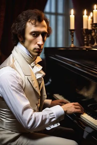 Frédéric Chopin, 19th-century composer, sitting at grand piano, elegant hands playing piano keys, focused expression, classical hairstyle, clean-shaven face, white dress shirt, black waistcoat, dark t