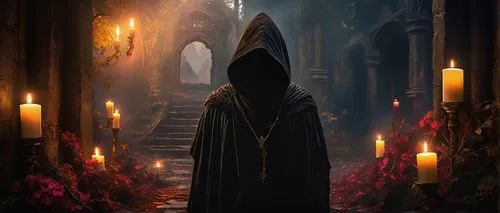 pall-bearer,black candle,hall of the fallen,candlemaker,sepulchre,hooded man,grimm reaper,grim reaper,cloak,candlemas,light bearer,pilgrimage,candle wick,vigil,archimandrite,the abbot of olib,dark art,haunted cathedral,reaper,crypt,Photography,Artistic Photography,Artistic Photography 08