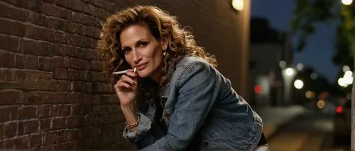 Sexy mature lady, Julia Roberts, smoking, holding cigarette, relaxing pose, leaning against wall, denim jacket, white tank top, high-waisted jeans, brown boots, messy curly hair, subtle makeup, evenin