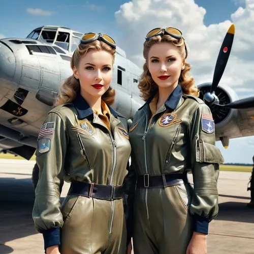 Close up of wide shot, wide angle perspective, a gorgous military hair cut female 49 and a 32 years female long light blonde U.S. bomber pilots each, both looking with confidence, in full 1945 flight 