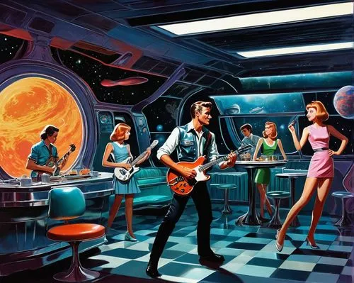 sci fiction illustration,science fiction,science-fiction,starship,atomic age,rock band,retro diner,lost in space,musicians,galaxy express,star kitchen,space voyage,music band,guitar player,scene cosmic,fifties records,retro music,musical background,orchestra,musical ensemble,Conceptual Art,Sci-Fi,Sci-Fi 20