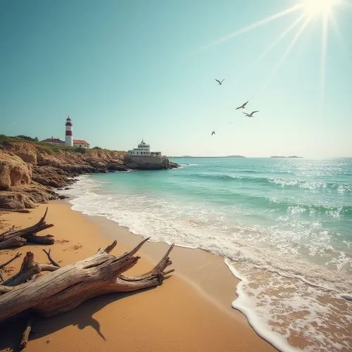 Coastal scenery, burgundy accent, warm sandy beach, clear turquoise water, gentle waves, driftwood, seaside rocks, lighthouse in distance, few seagulls flying overhead, soft warm sunlight, 3/4 composi