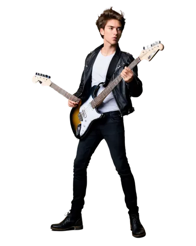 Rock musician, male, 25yo, messy brown hair, black leather jacket, white shirt, skinny jeans, black boots, holding electric guitar, playing solo, spotlight on face, energetic expression, smoky atmosph