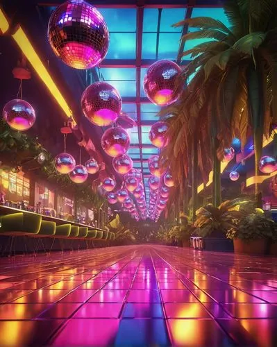 ufo interior,kaleidoscape,colored lights,spaceship interior,tropicana,spaceland,disco,retro diner,futuristic landscape,fantasy city,fractal lights,nightclub,80's design,paradisus,cyberia,arcades,cyberscene,hypermodern,3d background,illumination,Illustration,Realistic Fantasy,Realistic Fantasy 38