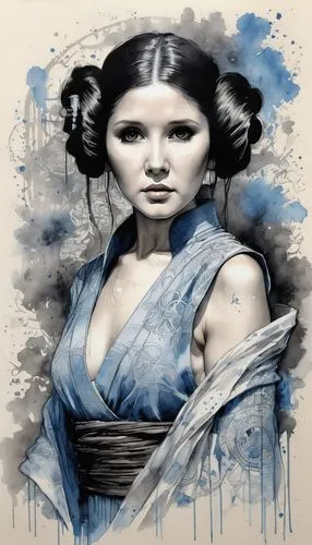 leia,padme,amidala,geisha girl,geisha,rey,hanfu,organa,kitana,margaery,japanese art,sithara,kommuna,ink painting,ani,viveros,rone,margairaz,blue rose,oriental princess,Illustration,Paper based,Paper Based 30