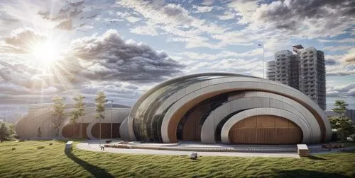 futuristic architecture,futuristic art museum,3d rendering,sky space concept,eco-construction,musical dome,oval forum,archidaily,modern architecture,render,round house,arq,school design,eco hotel,arhitecture,futuristic landscape,round hut,asian architecture,kirrarchitecture,planetarium