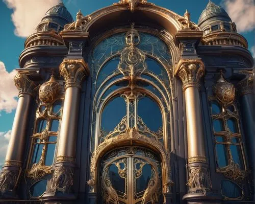 orchestrion,cathedral,tabernacles,midan,ornate,bioshock,tracery,fairy tale castle,gothic church,tabernacle,gold castle,3d render,victoriana,fantasyland,praetorium,grandfather clock,labyrinthian,spires,cinderella's castle,ecclesiatical,Illustration,Realistic Fantasy,Realistic Fantasy 47