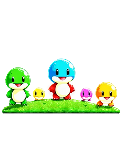 starters,yoshi,plush figures,kawaii frogs,pixaba,dango,pome fruit family,round kawaii animals,game pieces,gooseberry family,game characters,plush toys,toadstools,rubber ducks,mario bros,kirby,grass family,hatchlings,rimy,three-lobed slime,Unique,Pixel,Pixel 02