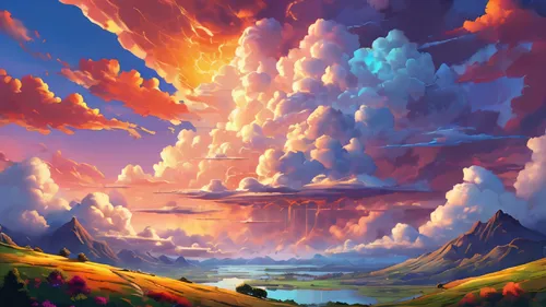 fantasy landscape,landscape background,mountain sunrise,mountain landscape,volcanic landscape,rainbow clouds,mushroom landscape,high landscape,cloud mountain,cloud mountains,sky,mountainous landscape,mountain scene,futuristic landscape,fire mountain,hot-air-balloon-valley-sky,salt meadow landscape,nature landscape,sky clouds,world digital painting,Conceptual Art,Daily,Daily 24