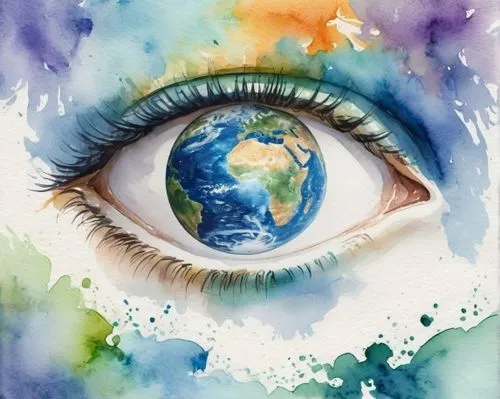 earth in focus,global oneness,watercolor painting,cosmic eye,love earth,worldview