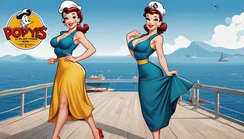 illustration cartoon, beauty pin up girl, from popeye's female character Olive Oil dress, skinny body, huge chest, body tattooed, standing pose whole body, background pier sea.,retro pin up girls,pin-