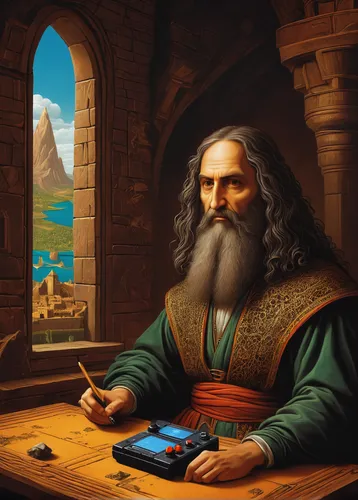 leonardo da vinci,leonardo devinci,settlers of catan,game illustration,man with a computer,the tablet,meticulous painting,lokportrait,persian poet,painting technique,moses,fantasy portrait,archimedes,ernő rubik,scholar,artist portrait,world digital painting,game drawing,pythagoras,magus,Art,Classical Oil Painting,Classical Oil Painting 03