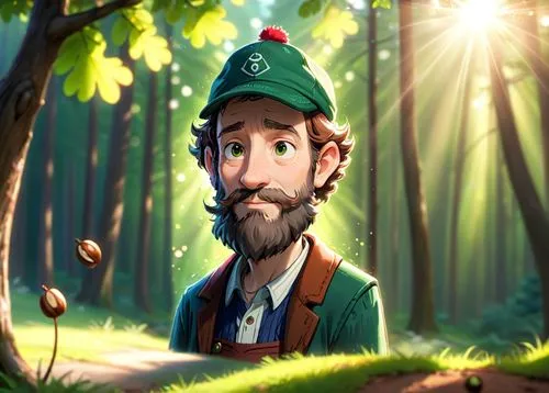 A 50 year old man, he is a forester, he is wearing a cap with a logo on it, his beard is greay and chesnuts colored, he is wearing forester clothes green and brown colored, he has a few rickles on his