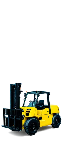 Yellow forklift, industrial vehicle, solo, detailed mechanical parts, metal body, bright yellow paint, black wheels, hydraulic system, warning lights on top, operator standing beside, realistic, high-