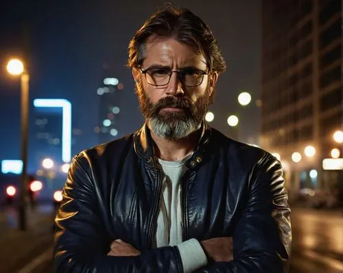 Stephen Crotts, male, mature man, bearded, serious expression, brown eyes, glasses, messy brown hair, leather jacket, white shirt, blue jeans, sneakers, standing, crossed arms, urban background, city 