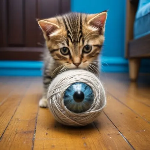 criar um novelo de lã no chão como na referencia, este novelo tem em seu centro um olho enquanto um gato filhote espreita este novelo logo atrás  ,a small kitten with blue eyes on a ball of yarn,playi